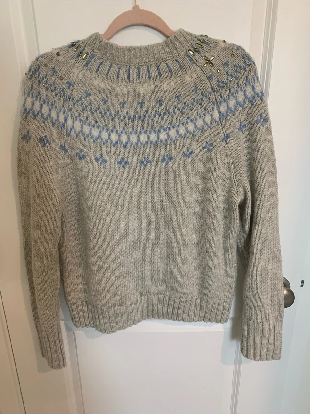 J. Crew Embellished Fair Isle Crewneck Sweater - Light Gray & Pale Blue